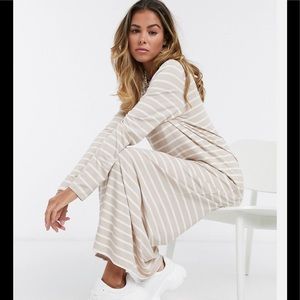 ASOS DESIGN long sleeve maxi t-shirt dress in taupe and white stripe